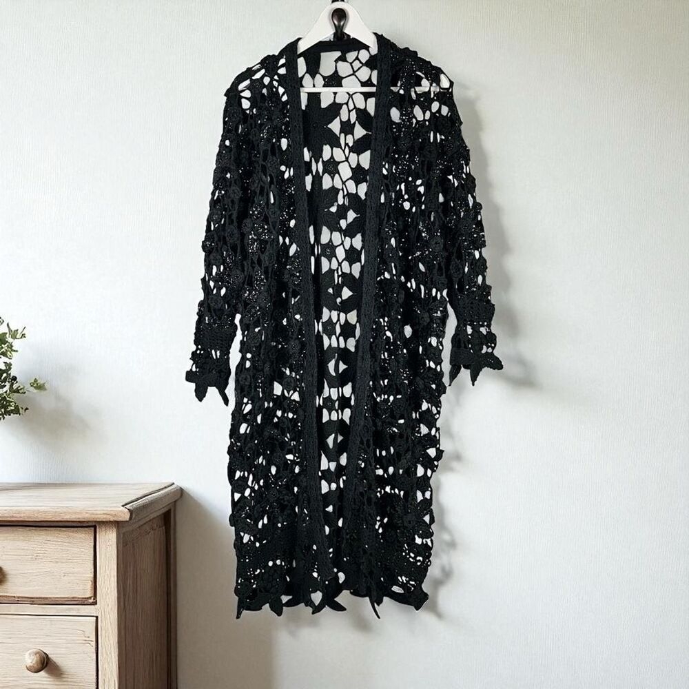 Vintage Lim’s Black Hand Crochet Sequin Maxi Cardigan One Size Open Front